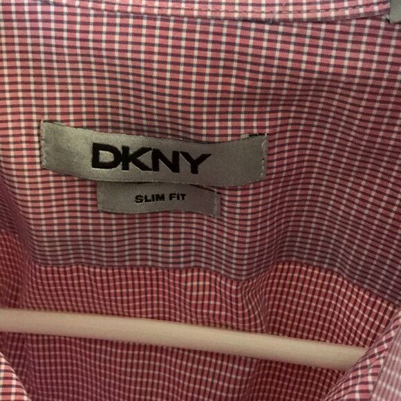 DKNY light red/gray/white tiny check button shirt - Picture 4 of 6
